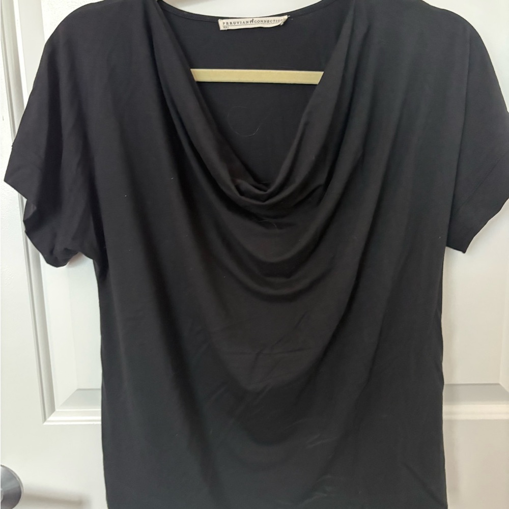 Peruvian Connection Black Cowl Neck Short Sleeve Top